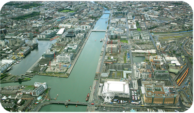An aerial view of the Dublin Docklands area where NAMA holds security over a significant number of buildings and sites.