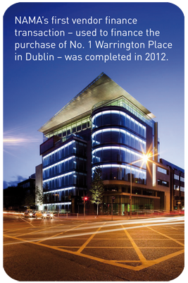 NAMA’s first vendor finance transaction – used to finance the purchase of No. 1 Warrington Place in Dublin – was completed in 2012.