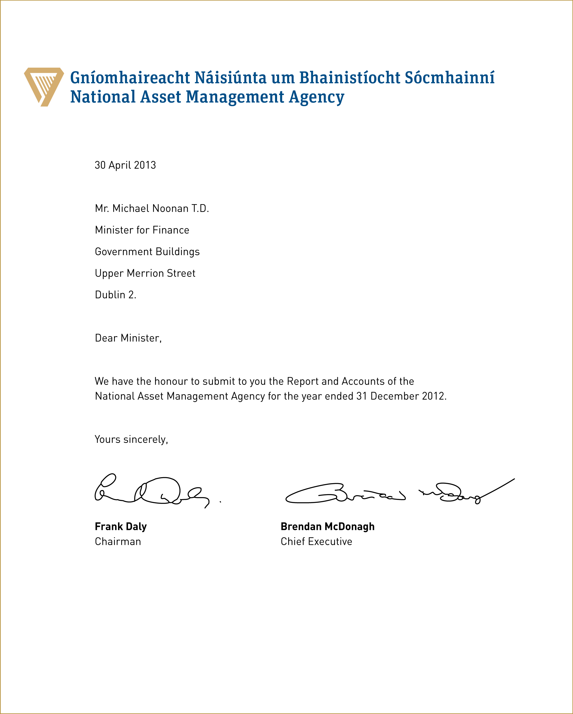 Letter to the Minister for Finance